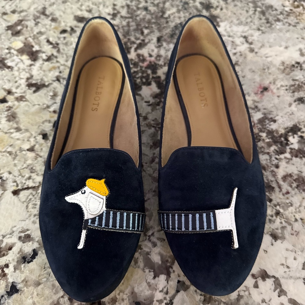 RYAN EMBROIDERED DACHSHUND BEAUTIFUL NAVY LOAFERS TALBOTS *sold out* sz 9 1/2
